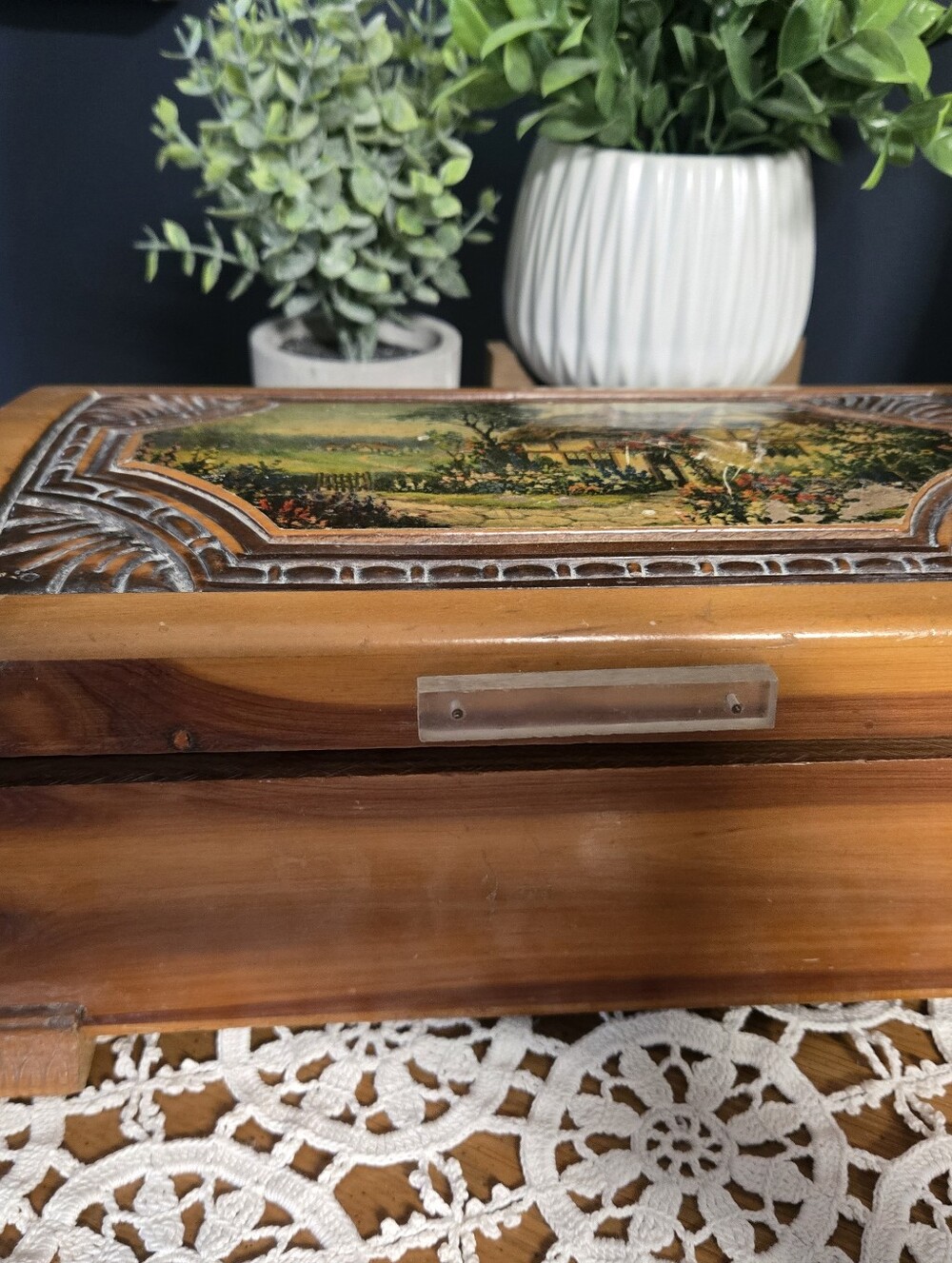 Carved Wooden Keepsake Box with Cottage Scene